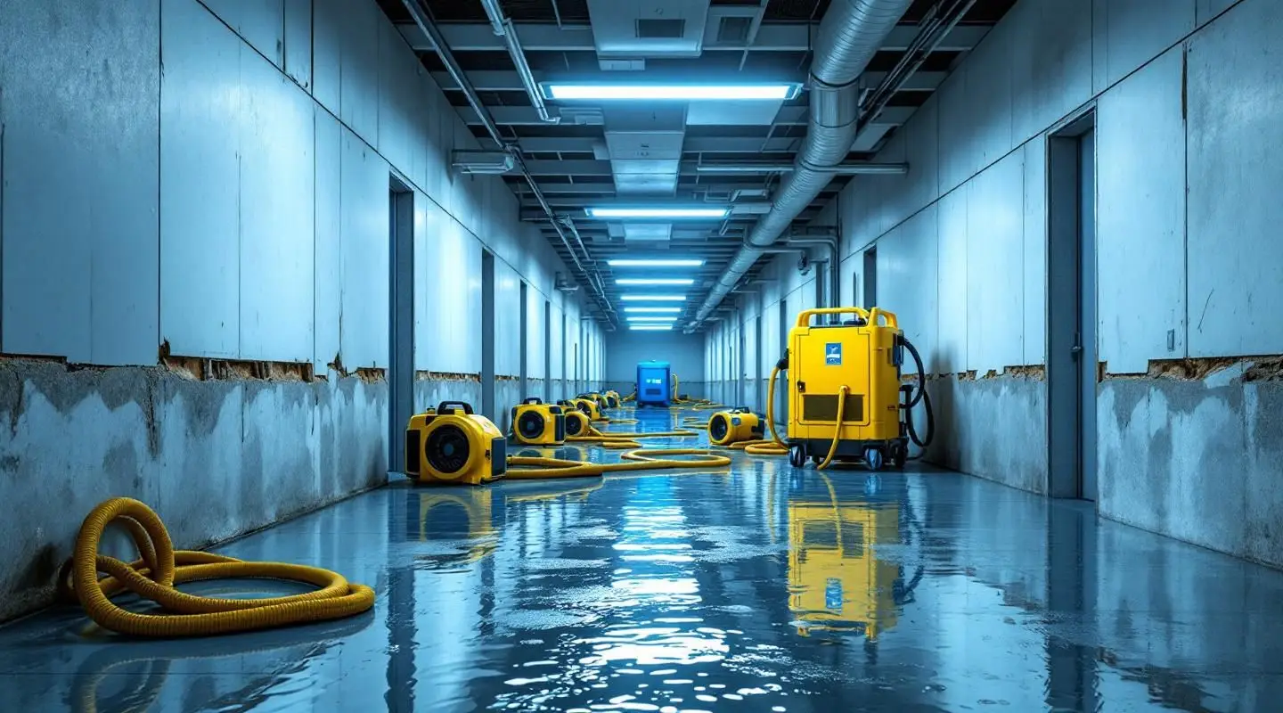 Wide view of a large commercial facility in Fargo during a water restoration project