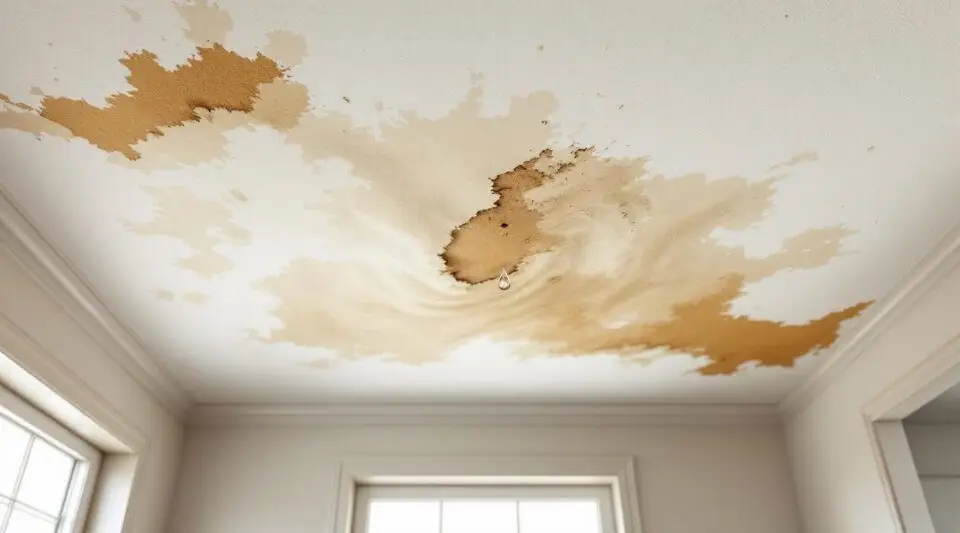 A professional restoration expert using moisture detection tools on a water-stained ceiling in a Fargo residence to evaluate the need for Ceiling Water Damage Repair.