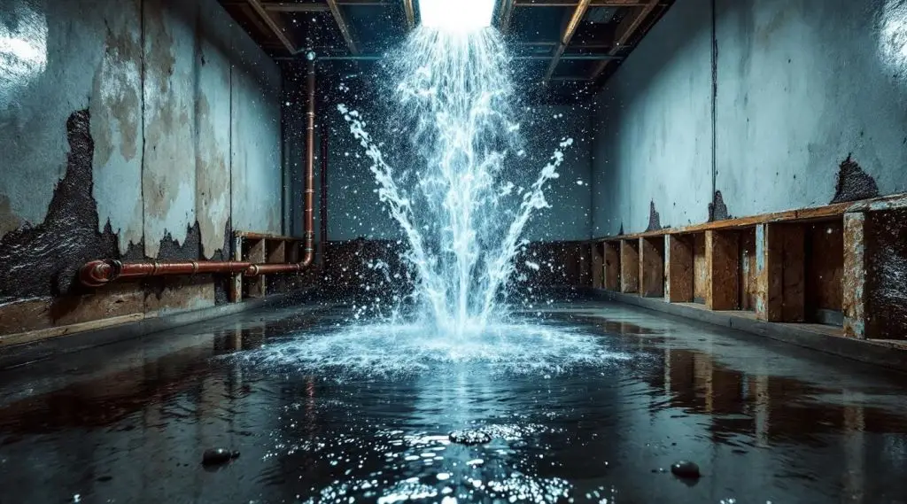Close-up of water spraying from a ruptured copper pipe in a home utility room.
