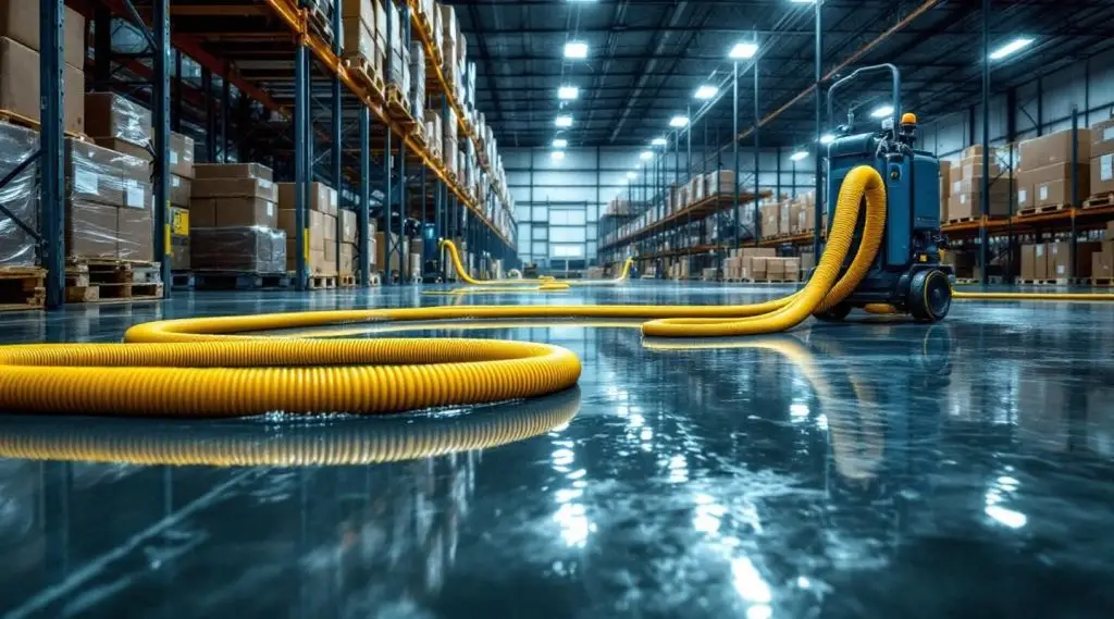 Wide shot of a flooded warehouse floor being cleared by professional restoration experts.