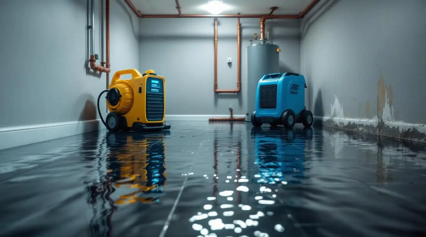 Emergency water damage repair team extracting water from a flooded home interior.