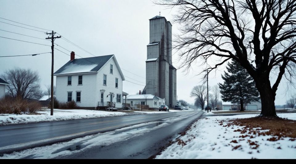 A professional restoration van parked near a residential street in Hawley, MN, with the iconic Hawley water tower visible.