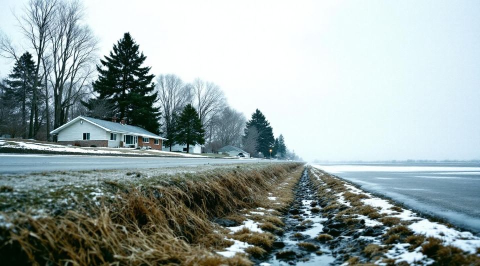 A professional restoration van parked on a quiet residential street in Harwood, ND, with well-maintained suburban lawns.